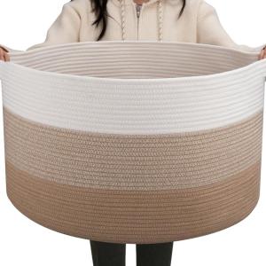image:imageOIAHOMY 90L Blanket Basket for Living Room Large Basket 23 x 23 x 13 with Handle Laundry Hamper for Blankets Pillows Toy Storage for Kids Dogs  Brown amp WhiteGardient Light Brown