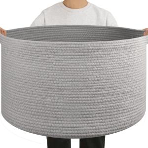 image:imageOIAHOMY 90L Blanket Basket for Living Room Large Basket 23 x 23 x 13 with Handle Laundry Hamper for Blankets Pillows Toy Storage for Kids Dogs  Brown amp WhiteLight Grey