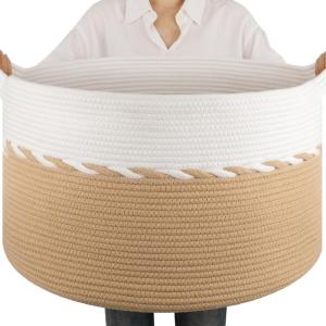 image:imageOIAHOMY 90L Blanket Basket for Living Room Large Basket 23 x 23 x 13 with Handle Laundry Hamper for Blankets Pillows Toy Storage for Kids Dogs  Brown amp WhiteYellow  White