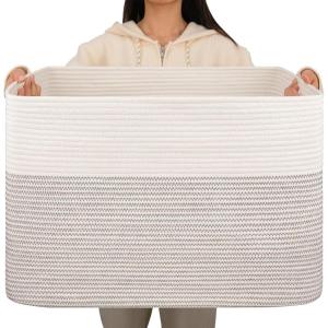 image:imageOIAHOMY 108L Extra Large Blanket Basket 25x16x16 Laundry Basket Blanket Storage for Living Room Dog Toy Storage with Handle  Brown amp WhiteBlack  White