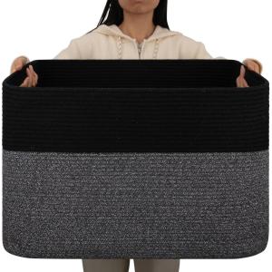 image:imageOIAHOMY 108L Extra Large Blanket Basket 25x16x16 Laundry Basket Blanket Storage for Living Room Dog Toy Storage with Handle  Brown amp WhiteGrey  Black