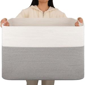 image:imageOIAHOMY 108L Extra Large Blanket Basket 25x16x16 Laundry Basket Blanket Storage for Living Room Dog Toy Storage with Handle  Brown amp WhiteGrey  White