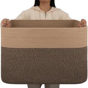 image:imageOIAHOMY 108L Extra Large Blanket Basket 25x16x16 Laundry Basket Blanket Storage for Living Room Dog Toy Storage with Handle  Brown amp WhiteYellow  Black