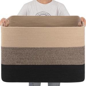 image:imageOIAHOMY 108L Super Large Blanket Basket 25x16x16108L Rectangle Woven Baskets for Storage Cotton Rope Basket For Living Room Toy Storage with Handle Gradient Dark BrownYellow Black
