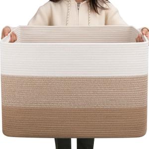 image:imageOIAHOMY 108L Super Large Blanket Basket 25x16x16108L Rectangle Woven Baskets for Storage Cotton Rope Basket For Living Room Toy Storage with Handle Gradient Dark BrownGradient Light Brown