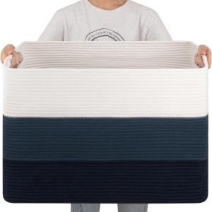 image:imageOIAHOMY 108L Super Large Blanket Basket 25x16x16108L Rectangle Woven Baskets for Storage Cotton Rope Basket For Living Room Toy Storage with Handle Gradient Dark BrownGradient Blue