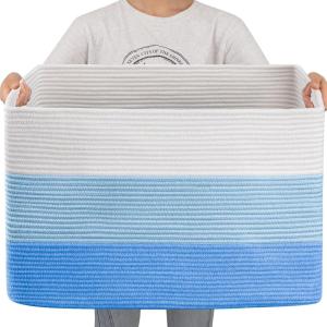 image:imageOIAHOMY 108L Super Large Blanket Basket 25x16x16108L Rectangle Woven Baskets for Storage Cotton Rope Basket For Living Room Toy Storage with Handle Gradient Dark BrownGradient Light Blue