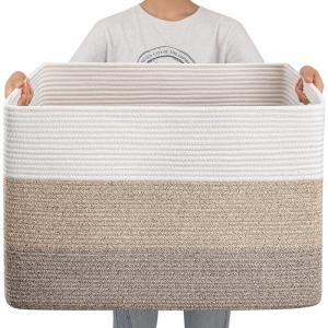 image:imageOIAHOMY 108L Super Large Blanket Basket 25x16x16108L Rectangle Woven Baskets for Storage Cotton Rope Basket For Living Room Toy Storage with Handle Gradient Dark BrownGradient Brown