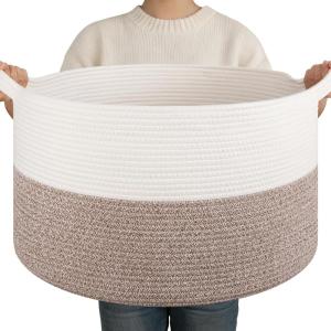 image:imageOIAHOMY 90L XXXLarge Blanket Basket for Living Room 217 x 138 Woven Cotton Rope Laundry Basket for Organizing Pillows Decorative Stuffed Animal Toy Storage Bin for Nursery White and Linen BrownWhite and Linen Brown
