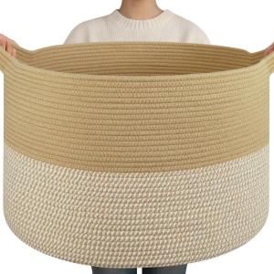 image:imageOIAHOMY 90L XXXLarge Blanket Basket for Living Room 217 x 138 Woven Cotton Rope Laundry Basket for Organizing Pillows Decorative Stuffed Animal Toy Storage Bin for Nursery White and Linen BrownJute and White