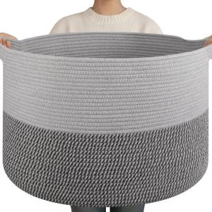 image:imageOIAHOMY 90L XXXLarge Blanket Basket for Living Room 217 x 138 Woven Cotton Rope Laundry Basket for Organizing Pillows Decorative Stuffed Animal Toy Storage Bin for Nursery White and Linen BrownLight Grey and Dark Grey