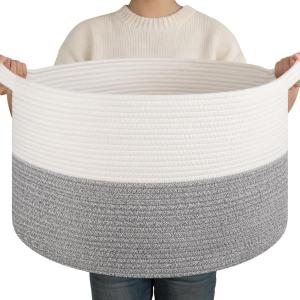 image:imageOIAHOMY 90L XXXLarge Blanket Basket for Living Room 217 x 138 Woven Cotton Rope Laundry Basket for Organizing Pillows Decorative Stuffed Animal Toy Storage Bin for Nursery White and Linen BrownWhite and Light Grey
