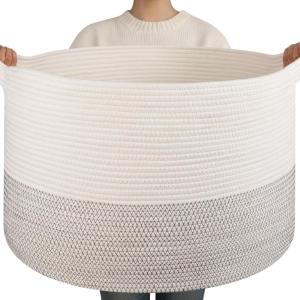 image:imageOIAHOMY 90L XXXLarge Blanket Basket for Living Room 217 x 138 Woven Cotton Rope Laundry Basket for Organizing Pillows Decorative Stuffed Animal Toy Storage Bin for Nursery White and Linen BrownBlack and White