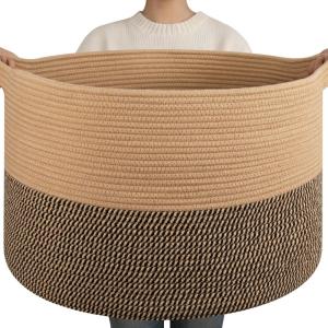 image:imageOIAHOMY 90L XXXLarge Blanket Basket for Living Room 217 x 138 Woven Cotton Rope Laundry Basket for Organizing Pillows Decorative Stuffed Animal Toy Storage Bin for Nursery White and Linen BrownJute and Black