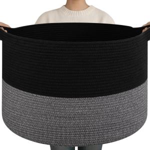 image:imageOIAHOMY 90L XXXLarge Blanket Basket for Living Room 217 x 138 Woven Cotton Rope Laundry Basket for Organizing Pillows Decorative Stuffed Animal Toy Storage Bin for Nursery White and Linen BrownBlack and Grey