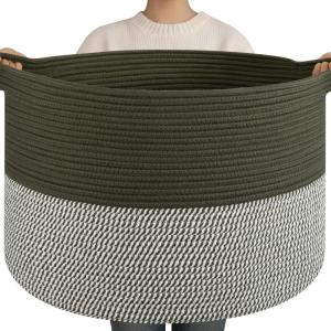 image:imageOIAHOMY 90L XXXLarge Blanket Basket for Living Room 217 x 138 Woven Cotton Rope Laundry Basket for Organizing Pillows Decorative Stuffed Animal Toy Storage Bin for Nursery White and Linen BrownGreen and Grey