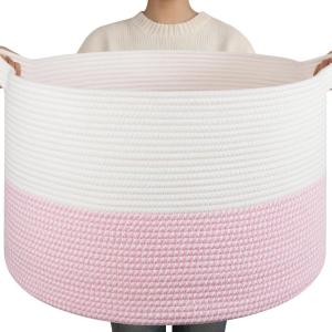 image:imageOIAHOMY 90L XXXLarge Blanket Basket for Living Room 217 x 138 Woven Cotton Rope Laundry Basket for Organizing Pillows Decorative Stuffed Animal Toy Storage Bin for Nursery White and Linen BrownWhite and Pink