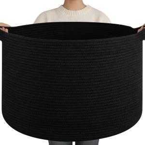 image:imageOIAHOMY 90L XXXLarge Blanket Basket for Living Room 217 x 138 Woven Cotton Rope Laundry Basket for Organizing Pillows Decorative Stuffed Animal Toy Storage Bin for Nursery White and Linen BrownBlack